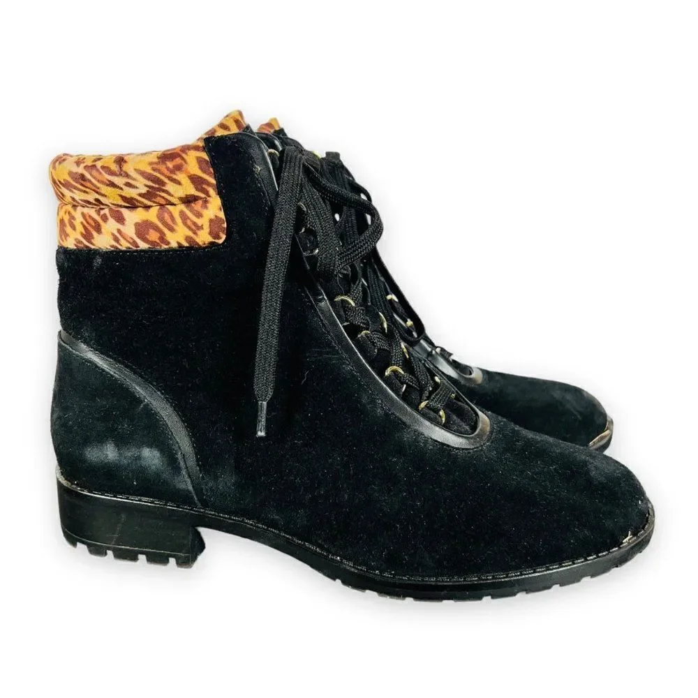 Crown & Ivy June Black‎ Suede / Leopard Ankle Boots Women's 8.5M